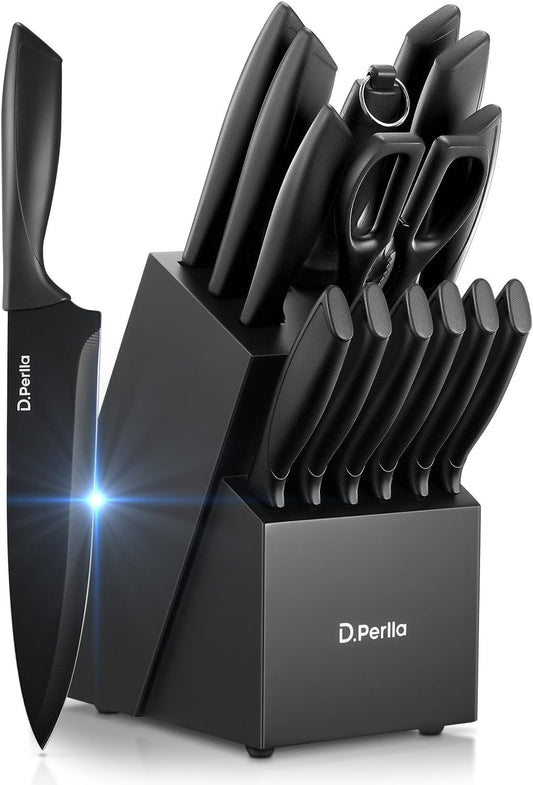 Knife Set, 15 Pieces Knife Sets for Kitchen with Block, Dishwasher Safe Kitchen Knife Set with Sharpener Rod, Black Coating German Stainless Steel Knife Block Set, Non-stick & Non Rust, Black