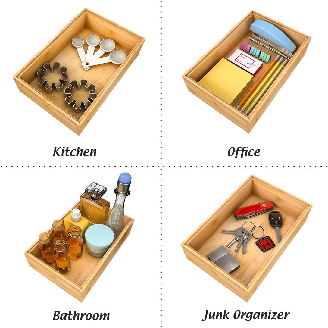 Utensil Organizer Silverware Drawer Organizer - Stackable Bamboo Flatware Caddy Cutlery Holder, Wooden Storage Boxes Tray for Bedroom,Office, Bathroom, Vanity & Garage Tool Organization(9"3"2.5")
