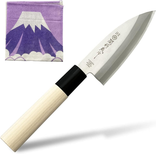 KAKUSEE Seki Tsubazo Gyuto Chef's Knife 7-inch Blade and Japanese Painting Cloth Set, Japanese Chef Knife for Meets, Stainless Steel Blade & Genuine Wooden Handle