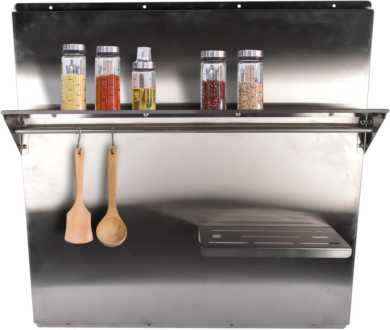 Generic RIVER758 Stainless Steel Silver Range Hood Backsplash with Storage Shelf & Hanging Rack, Wall Mounted, 29.5'' x 29.5''