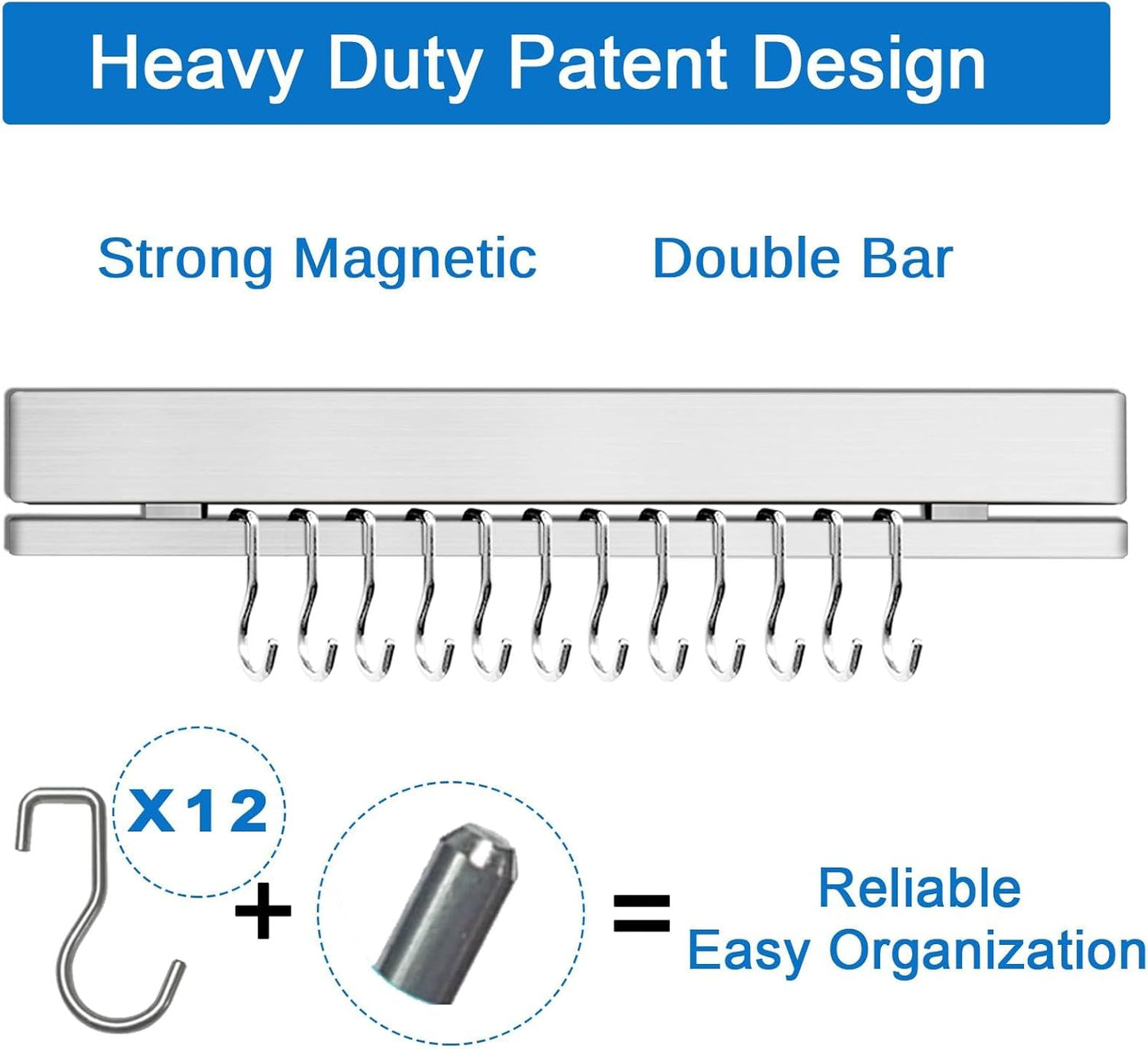 12 Inch Magnetic Knife Holder for Wall with 6 Hooks No Drill-Double Magnetic Bar Strong Adhesive Knife Magnetic Strip-Kitchen Utensil Hanger-304 Stainless Steel Magnetic Kitchen Knife Rack