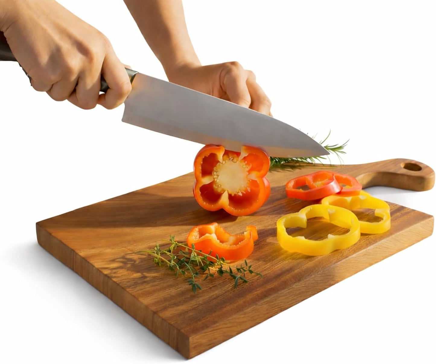 Acacia Wood Cutting Board with Handle, Single Piece Solid Wood, Double Sided Charcuterie and Bread Board, Small Knife Friendly Kitchen Prep Board, 15 x 8 Inch