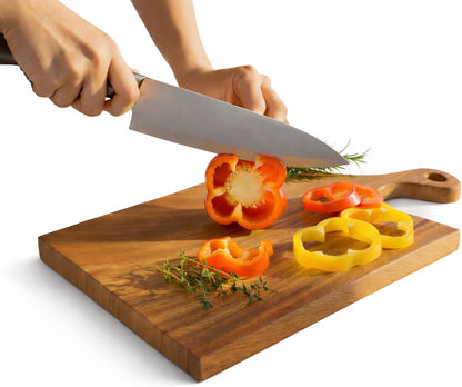 Acacia Wood Cutting Board with Handle, Single Piece Solid Wood, Double Sided Charcuterie and Bread Board, Small Knife Friendly Kitchen Prep Board, 15 x 8 Inch