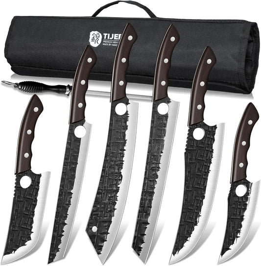 Butcher Knife Cleaver Set - 6PCS BBQ Viking Meat Knives | Hand Forged Professional Chef Knife Set with Roll Bag for BBQ, Camping, Birthday Gifts for Men Women