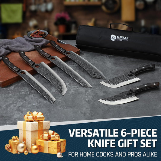 Butcher Knife Cleaver Set - 6PCS BBQ Viking Meat Knives | Hand Forged Professional Chef Knife Set with Roll Bag for BBQ, Camping, Birthday Gifts for Men Women