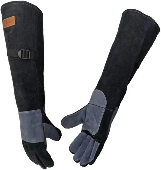 WZQH 16 Inches,932℉,Leather Welding Gloves, Heat/Fire Resistant,Large Mitts for BBQ,Oven,Grill,Fireplace,Tig,Mig,Forge,Baking,Furnace,Stove,Pot Holder,Animal Handling Glove.L Black-gray