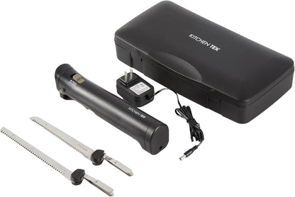 Restaurantware-Kitchen Tek Electric Knife Set, 1 Electric Knife With Motorized Handle - Includes 1 Bread and 1 Carving Tool, 1 Case, Black Plastic Food Cutter With Stainless Steel Blades