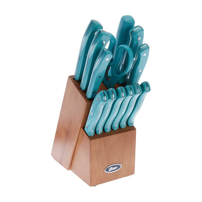 Oster Evansville 14 Piece Cutlery Kitchen Knife Block Set, Stainless Steel w/Linen White Handles - Cuchillos Para Cocina