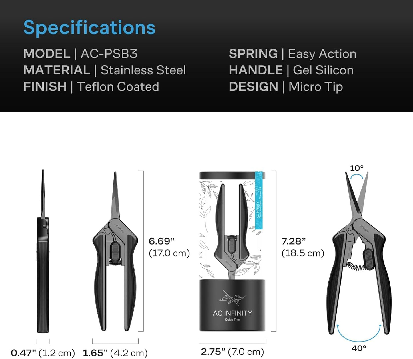AC Infinity 6.6” Stainless Steel Pruning Shear, Lightweight Ergonomic Design, Straight Precision Blades with Nonstick Teflon Coating for Gardening, Hydroponics, Grow Tents