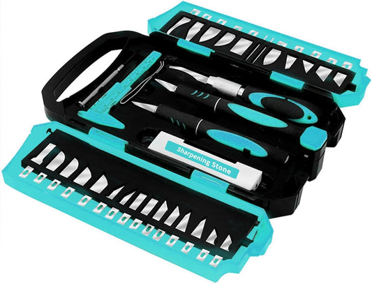 MANUFORE 34pcs Large Exacto Knife set Deluxe Craft Precision Knife Set Include 3pcs Craft Knives with Anti-Slip Rubber Grip, 25pcs Different Blades, 2pcs Needles, Sharpening Stone, Screwdriver