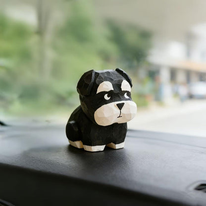 Hand-Carved Wooden Teddy Dog Figurine, 2.7" Brown Puppy Statue with Base for Car Dashboard, Desk & Home Decor, Gift for Dog Lovers
