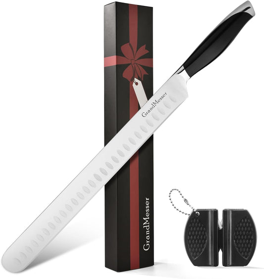 Carving Knife, 12 Inch Slicing Knife for Meat, Premium German Steel with ABS Handle, for BBQ Brisket Turkey Ham Rib Roast Beef with Sharpener.