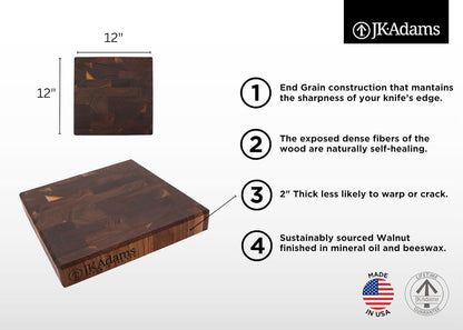 J.K. Adams Professional Series End Grain Cutting Board, Walnut, 12"x12"x2", Wood Cutting Board, Butcher Block, Wood Cutting Boards for Kitchen