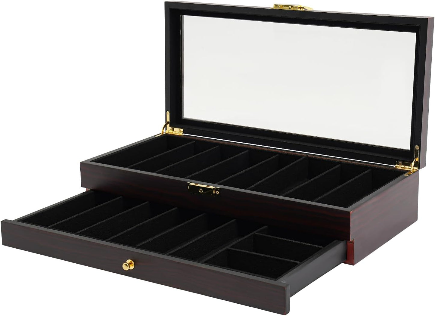 Single Tier Pocket Knife Display Case 8 Slot Lockable Knife Storage Box Knife Collection Display Holder with Transparent Glass Top & Drawer for Utility Knife, Camping Knife (Ebony Color)
