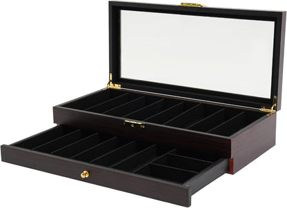 Single Tier Pocket Knife Display Case 8 Slot Lockable Knife Storage Box Knife Collection Display Holder with Transparent Glass Top & Drawer for Utility Knife, Camping Knife (Ebony Color)