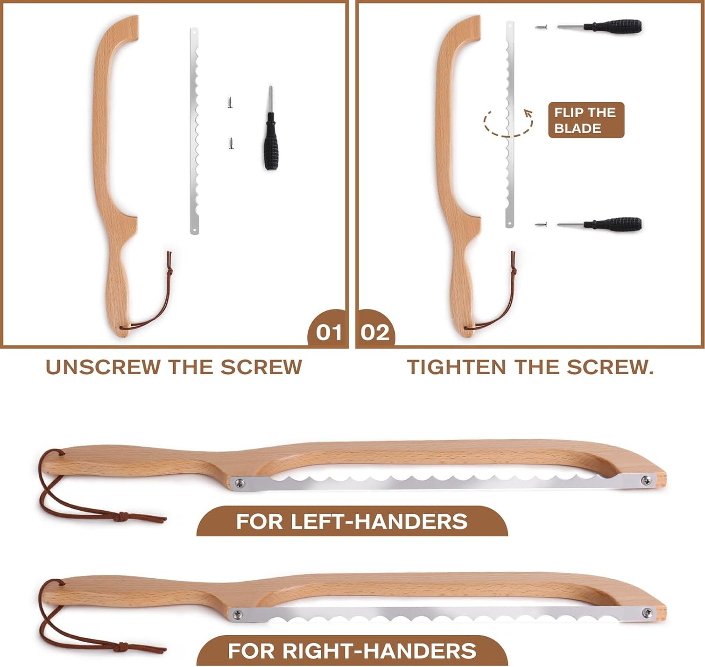 Woodever Bread Knife, 2 Pack Bread Slicer for Homemade Bread, 16'' Wooden Sourdough Bread Knife with Bow Design, Premium Stainless Steel Serrated Bread Cutter for Bagels and Baguettes (2 Pack)