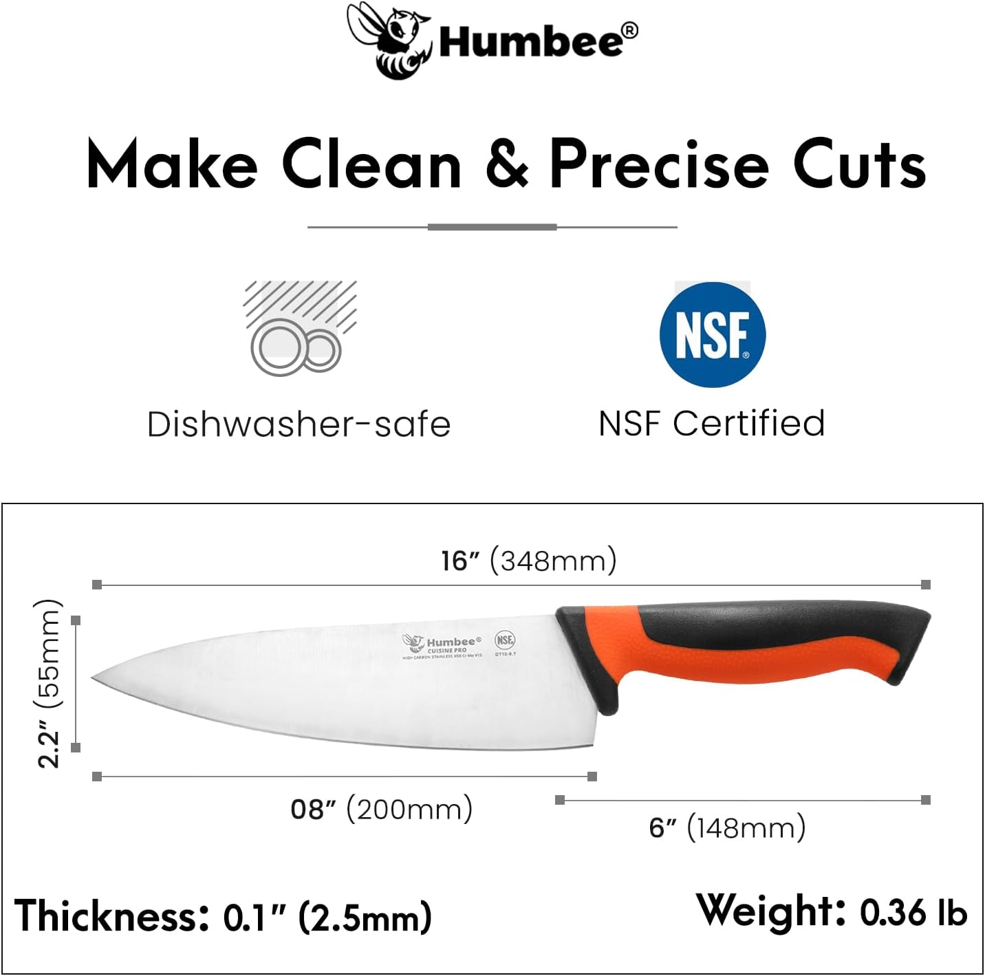 7.5-Inch Nakiri Knife, High Carbon Stainless Steel Hollow Grind Blade, Razor Sharp Edge, Ergonomic Non-Slip Handle, Cleaver Style, DT-50 Series, Orange