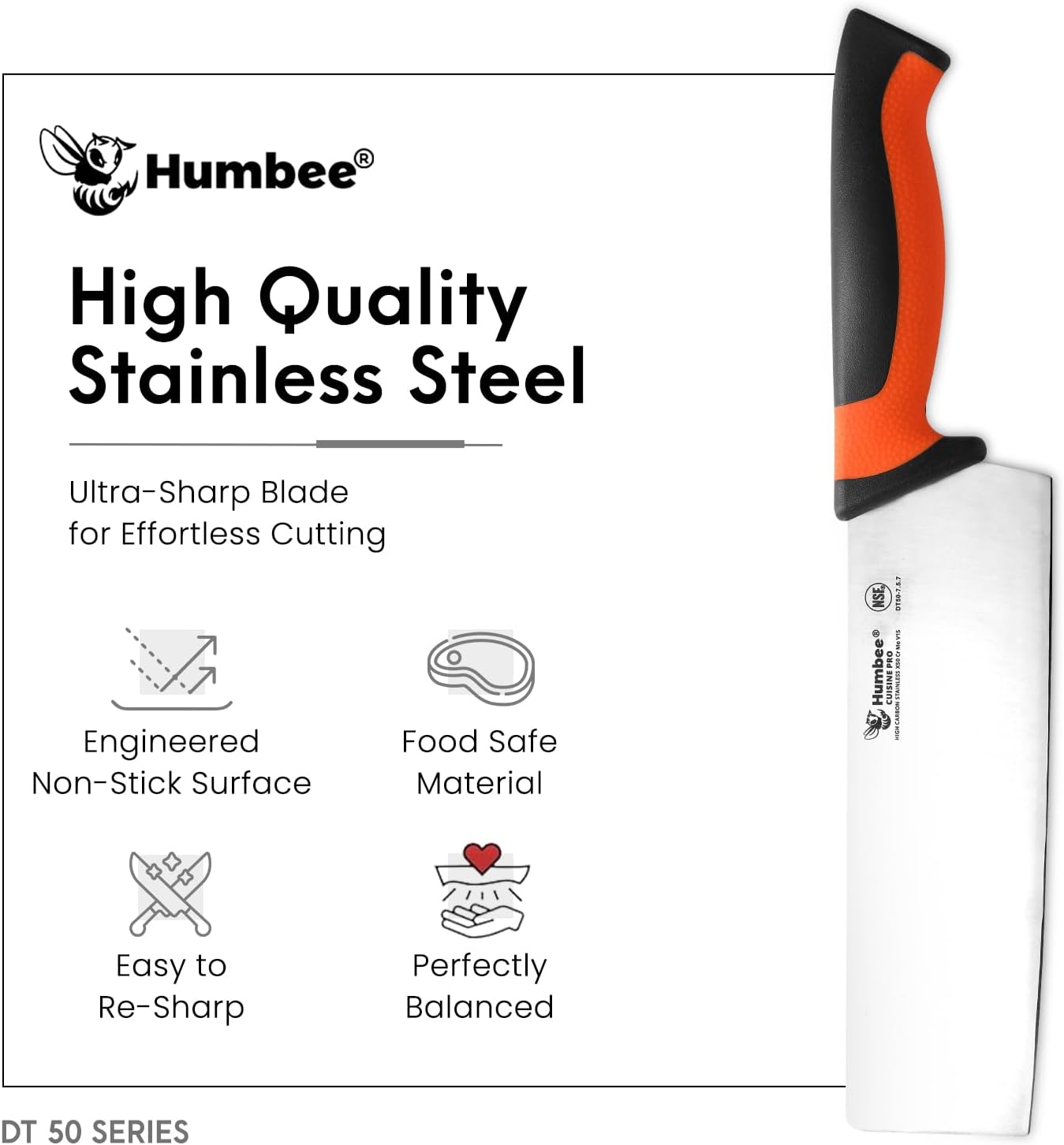 7.5-Inch Nakiri Knife, High Carbon Stainless Steel Hollow Grind Blade, Razor Sharp Edge, Ergonomic Non-Slip Handle, Cleaver Style, DT-50 Series, Orange
