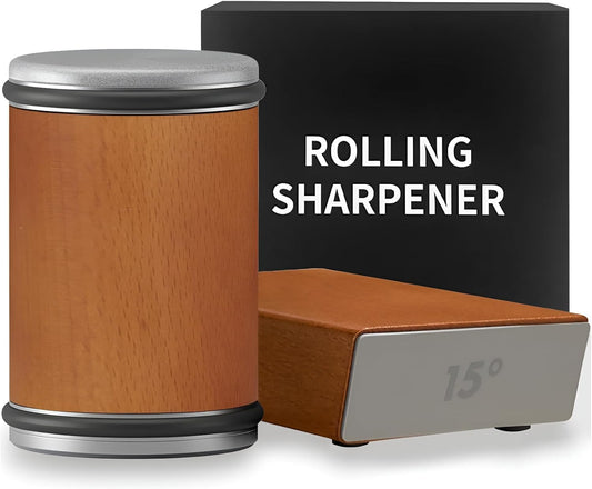 Rolling Knife Sharpener Kit - Compact Wooden Sharpener with 15° & 20° Magnetic Angle | Diamond Disc Knife Honing Tool | Professional Kitchen Use | Safe Sharpening for Home Cooking
