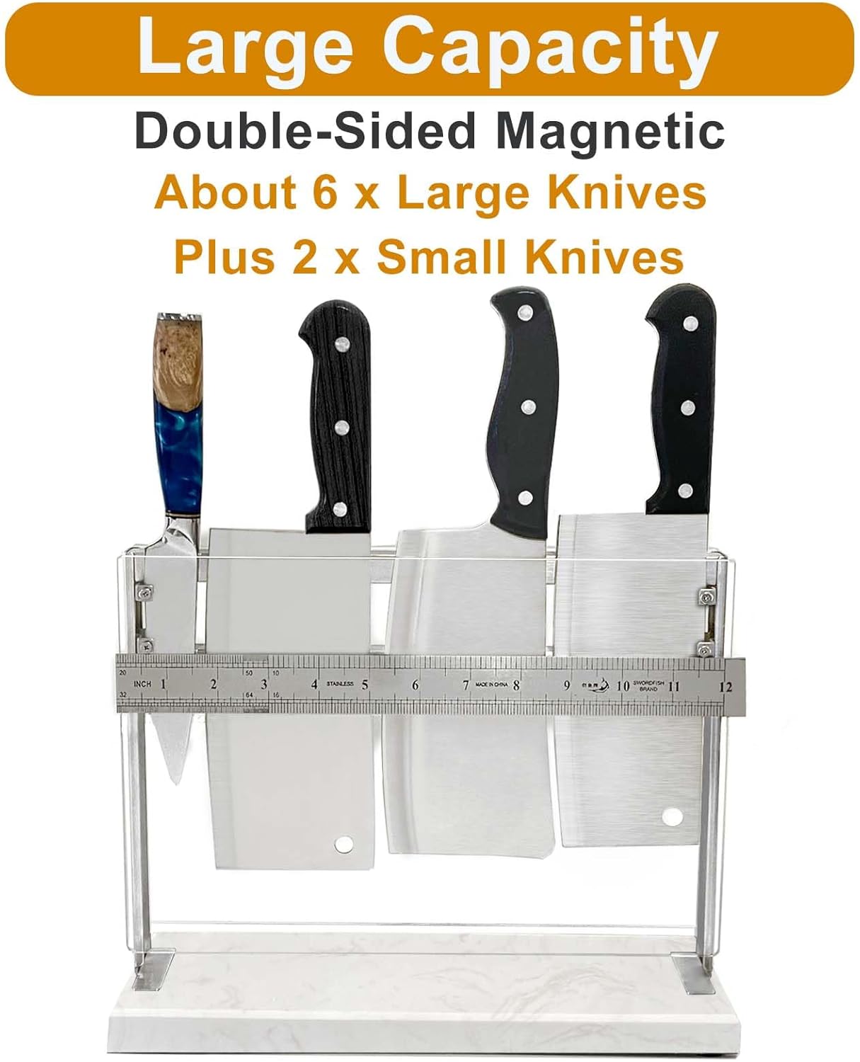 Acrylic Shield Magnetic Knife Block Holder - Marble Base Magnetic Knife Stand for Counter Top -Double Sided Magnetic Knife Holder -Stainless Steel Kitchen Knife Block without Knives -White