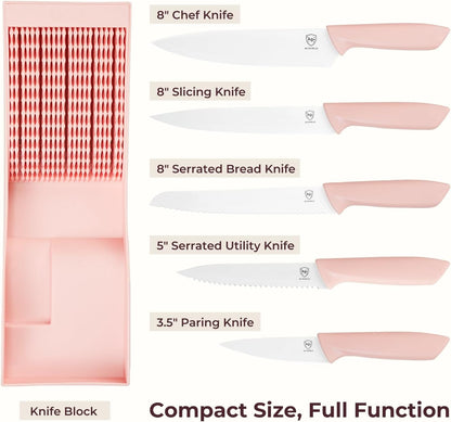 OOU 5-Piece Kitchen Knife Set with in-Drawer Organizer Tray, Space-Saving Knives Set, Organized Drawer Storage Tray for Home Kitchen, Countertop-Saving Design, Pink