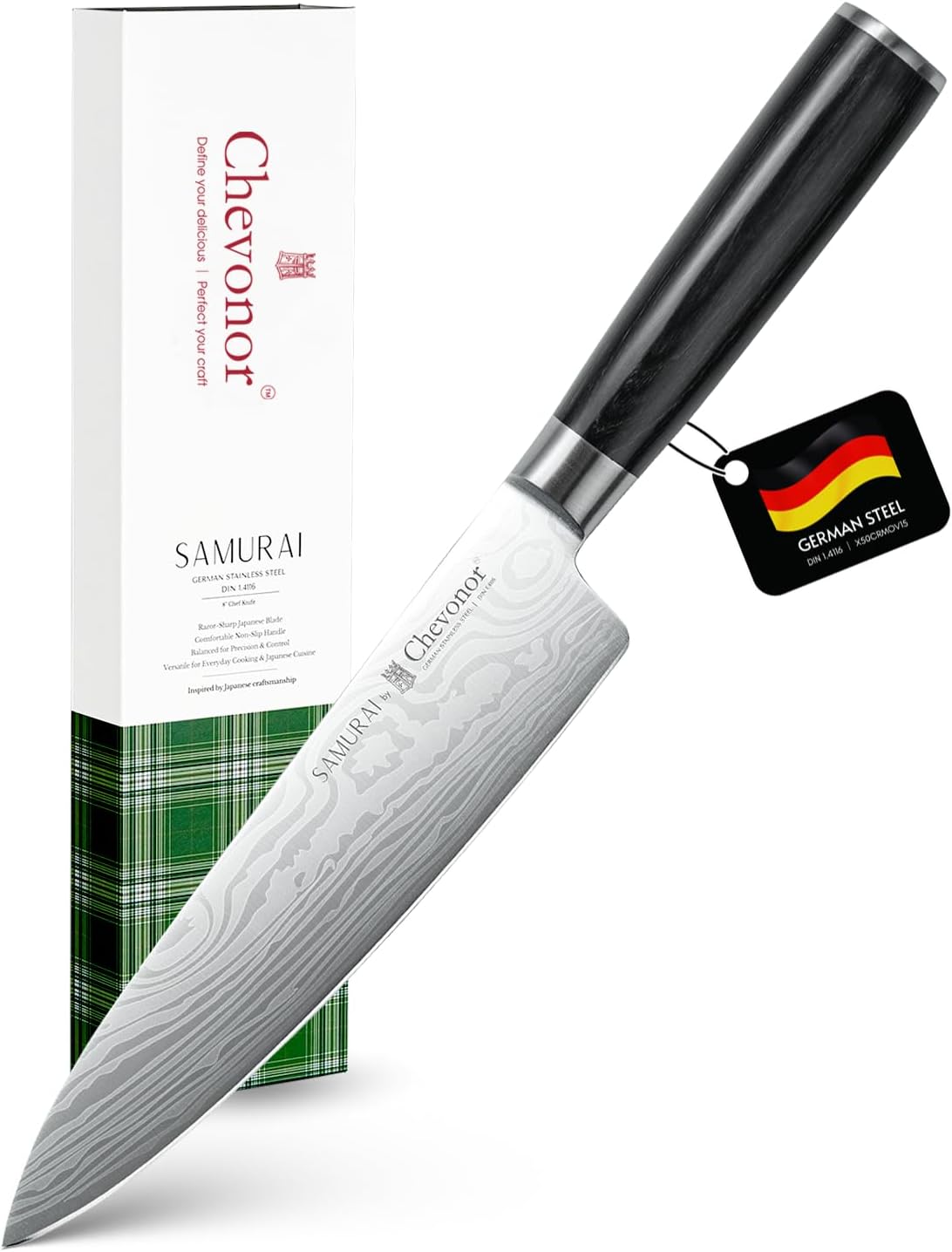 Samurai 8 Inch Gyuto Chef Knife, Ultra Sharp Japanese Style Kitchen Knife with Damascus Pattern - German Stainless Steel (DIN 1.4116), Professional Meat & Vegetable Slicer, Premium Gift Box
