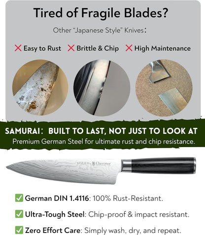 Samurai 8 Inch Gyuto Chef Knife, Ultra Sharp Japanese Style Kitchen Knife with Damascus Pattern - German Stainless Steel (DIN 1.4116), Professional Meat & Vegetable Slicer, Premium Gift Box