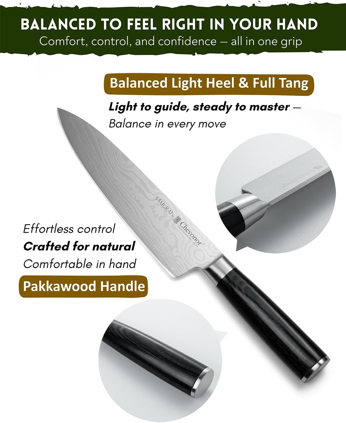 Samurai 8 Inch Gyuto Chef Knife, Ultra Sharp Japanese Style Kitchen Knife with Damascus Pattern - German Stainless Steel (DIN 1.4116), Professional Meat & Vegetable Slicer, Premium Gift Box