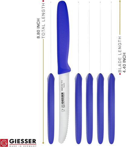 Giesser since 1776, Made in Germany, Serrated kitchen knives round tip dishwasher safe 4.5 inch - Tomato knife, Steak knive set of 6 (MIX Color)