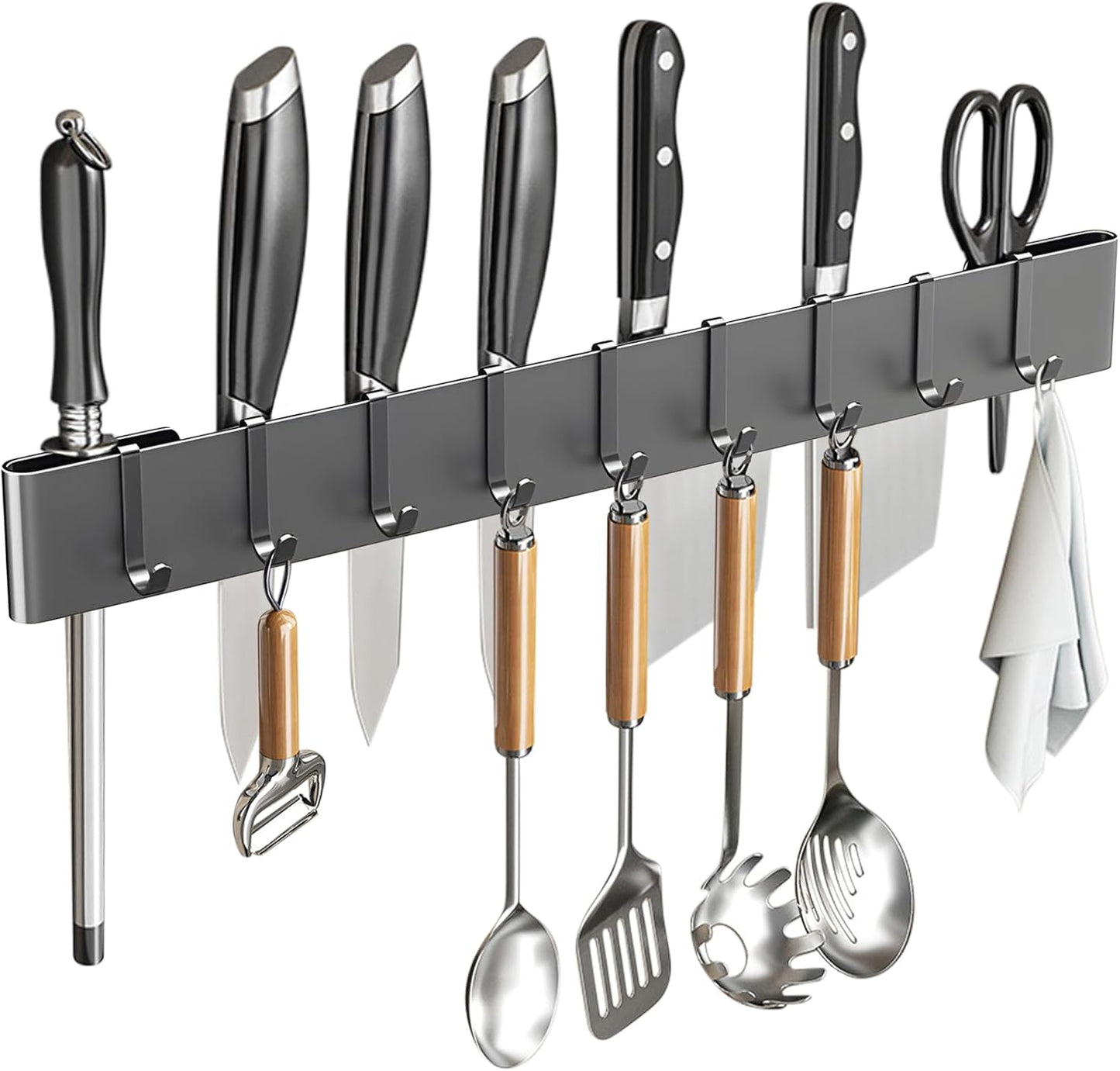 Knife Holder for Wall Mount-Knife Strips with Hooks Stainless Steel Wall Knife Rack-Knife Block-Knife Rack-Utensil Hanger-Kitchen Utensil Holder (Black, 50 CM+9 Hooks)