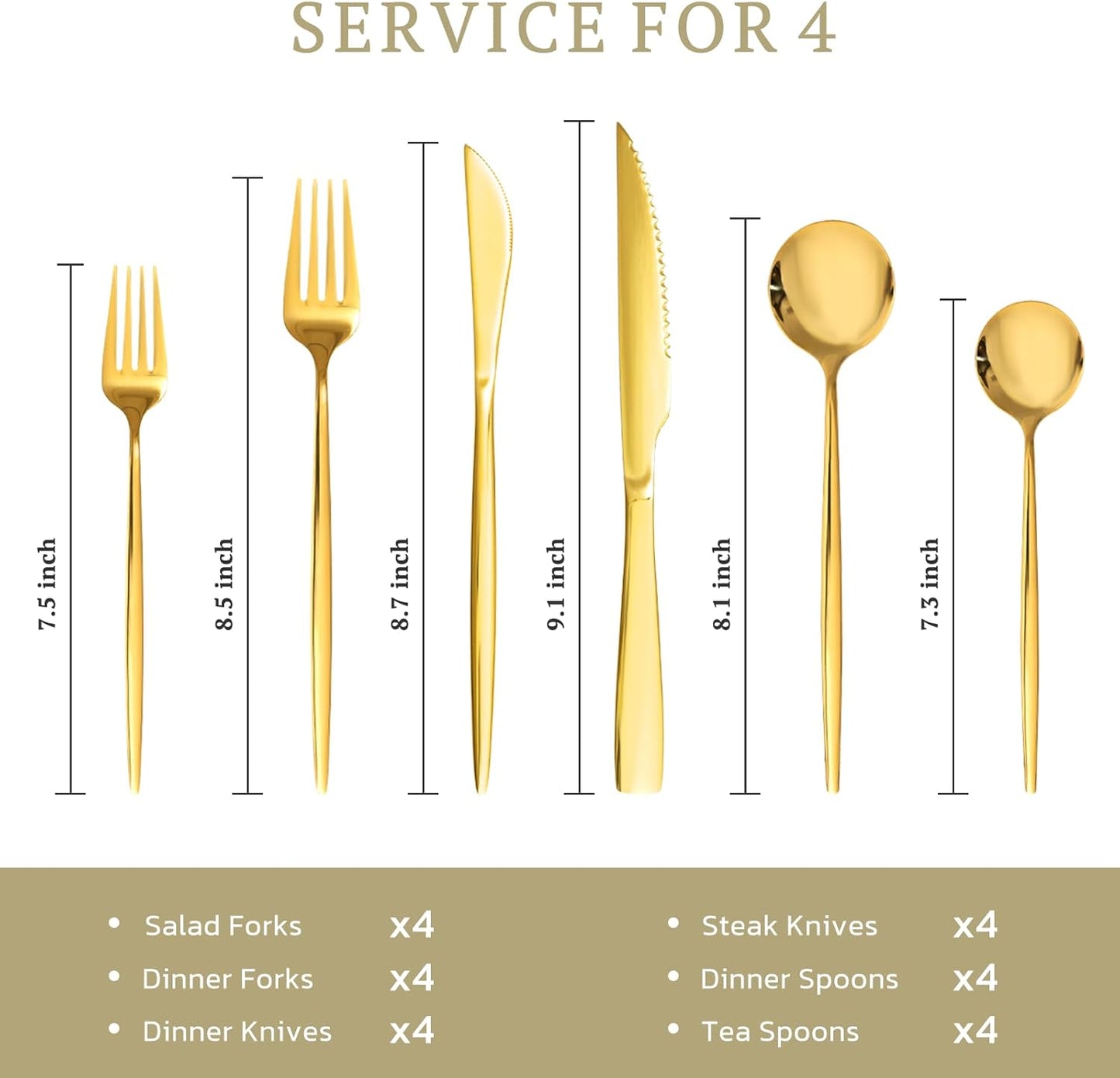 Astercook Silverware Set 48-Piece Gold Flatware Set with Steak Knives Food-Grade Stainless Steel Cutlery Set for 8 Mirror Polished Utensils Set for Home Kitchen Restaurant Valentine's Gift