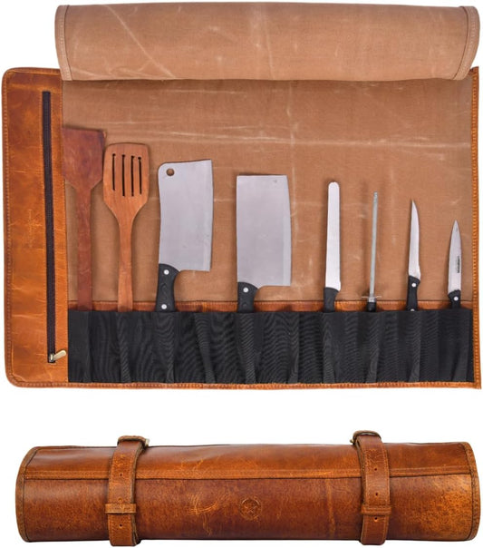 Professional Chef Knife Roll Bag, 8-Piece Kitchen Utensil Set with Leather Case, Navy Blue and Brown (Leather, Caramel)