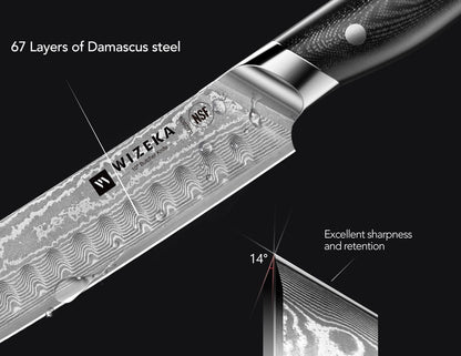 WIZEKA 10 inch Damascus Serrated Bread Knife for Homemade Bread: Razor Sharp VG10 Damascus Steel Multifunction Serrated Knife for Slicing Homemade Bread, Bagels, Cake