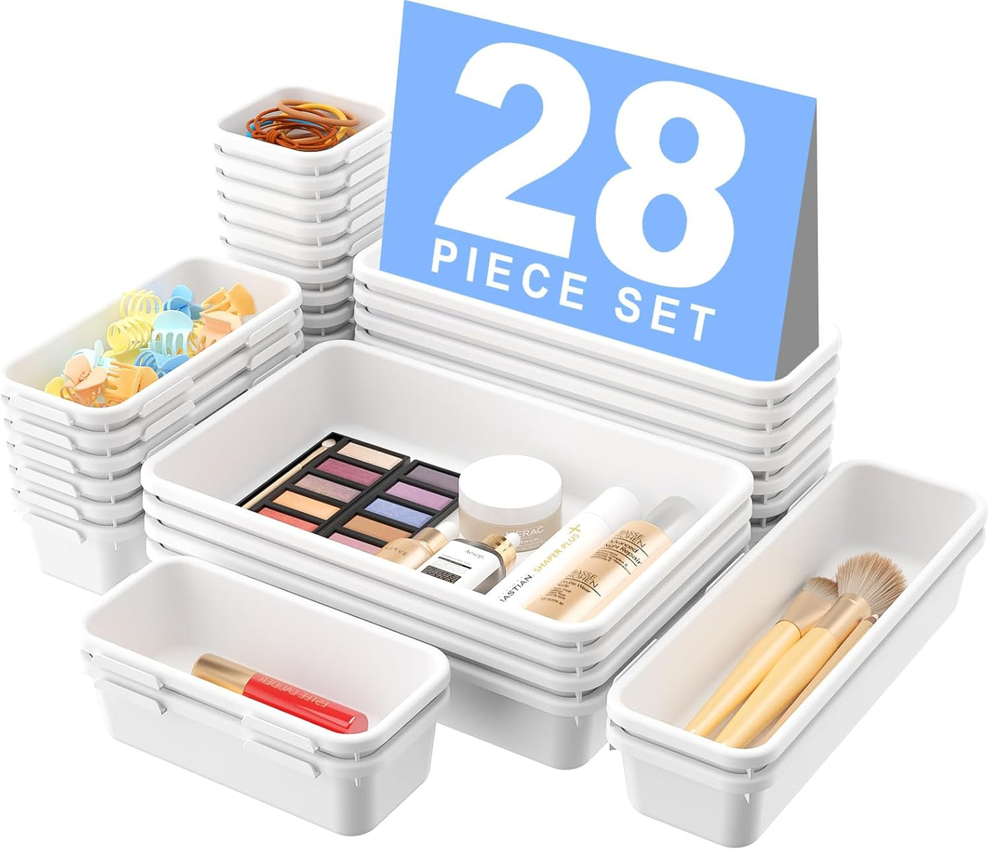 A-LuGei 【Military Grade Drawer Organizer, 【𝟱𝗦𝗶𝘇𝗲】 Makeup organizer, 【Holds 177 Items】 Bathroom Organizers and Storage, Organization and Storage, Desk Drawer Organizer for Vanity (Clear Black)