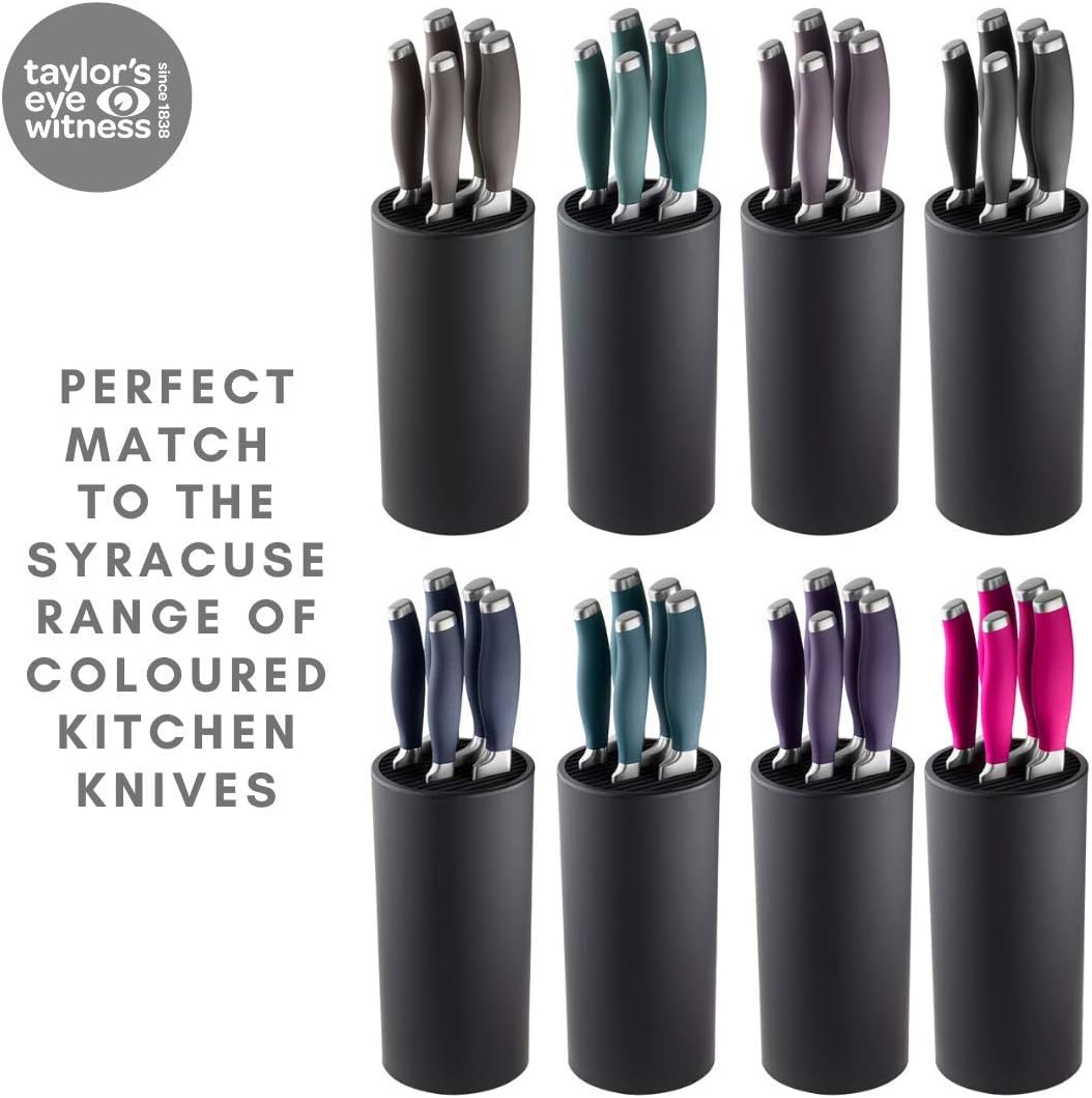 Taylors Eye Witness Empty Knife Block Universal Holder - Stores 8 Kitchen Knives, max 8”/20cm Long. Black Soft Touch Finish. Simple And Elegant Cylindrical Design, For Any Worktop. 10 Yr Guarantee.