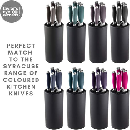 Taylors Eye Witness Empty Knife Block Universal Holder - Stores 8 Kitchen Knives, max 8”/20cm Long. Black Soft Touch Finish. Simple And Elegant Cylindrical Design, For Any Worktop. 10 Yr Guarantee.