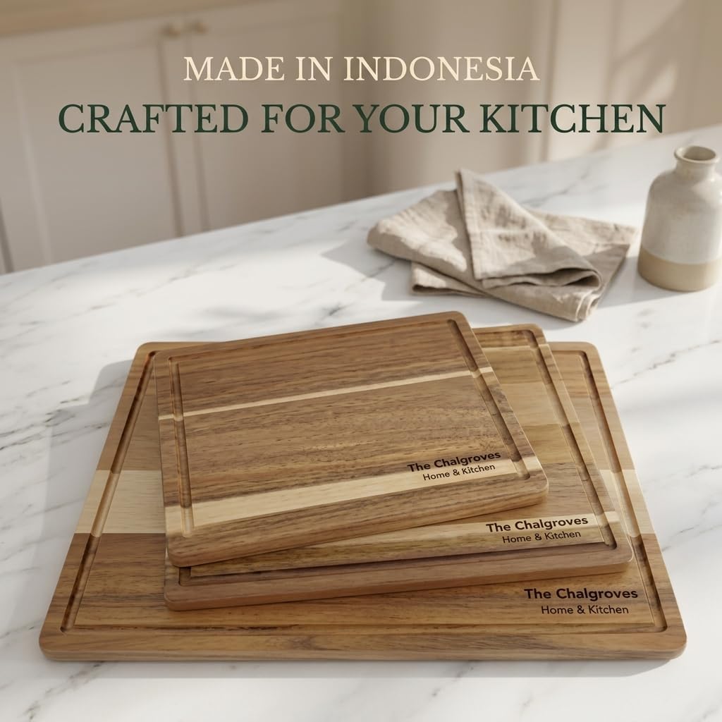 Indonesian Acacia Wood Cutting Board Set of 3 | Extra Thick 0.8″ Wooden Chopping Boards with Deep Juice Grooves | FSC Certified | Warp-Resistant & Knife-Friendly | Large, Medium & Small