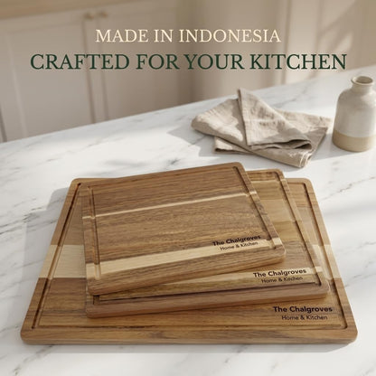 Indonesian Acacia Wood Cutting Board Set of 3 | Extra Thick 0.8″ Wooden Chopping Boards with Deep Juice Grooves | FSC Certified | Warp-Resistant & Knife-Friendly | Large, Medium & Small