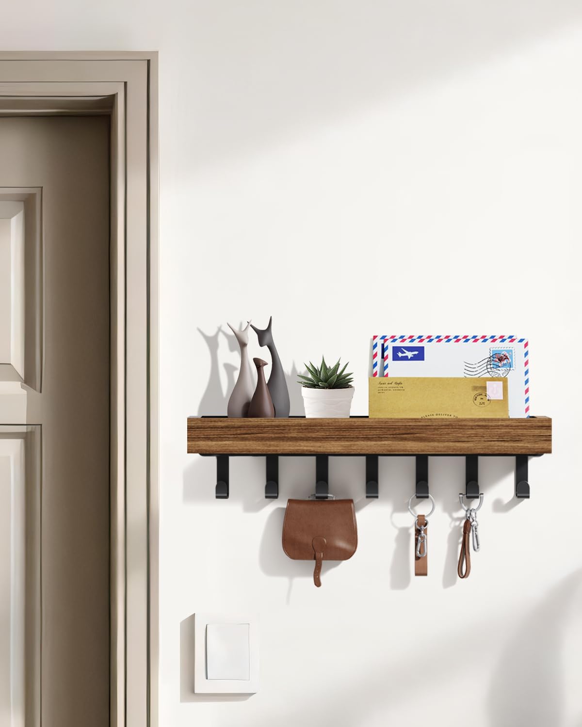 Key Holder Wall Mount Adhesive Magnetic - Hanging Key Hooks with Mail Organizer Tray for Wallet House - Keys Hanger Rack with Shelf for Camper Entryway Door Home Living Room Decor Large Black