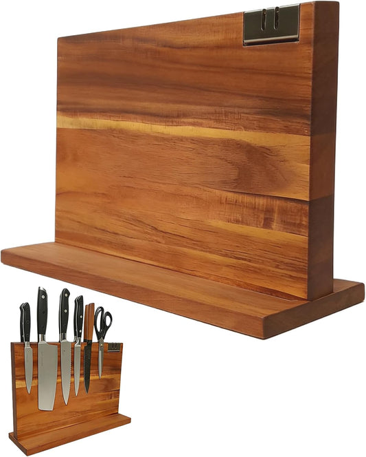 kitchen knife magnetic holder, Double Sided Universal magnetic knife block Rack for Kitchen Counter, Acacia Wood Magnetic Knife Storage Stand with Knife Sharpener,14.5 x 10.8Inches