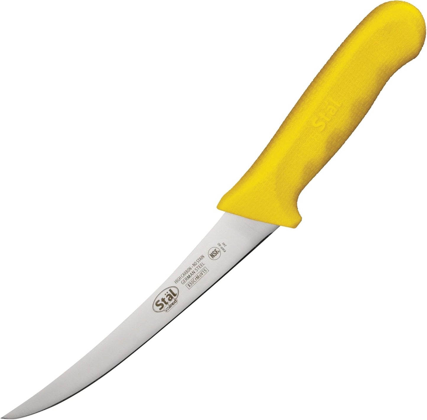 Winco 6" Commercial-Grade German Steel Boning Knife, Curved, Yellow