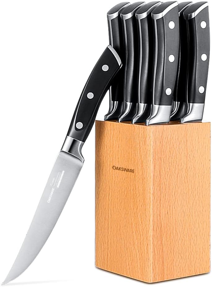 Steak Knives Set of 8, 5 Inch Non Serrated Steak Knife with Walnut Block, Razor-Sharp German Stainless Steel Dinner Knives, Durable Full Tang Forged Straight Edge Meat Knife for Home Dining&Gift