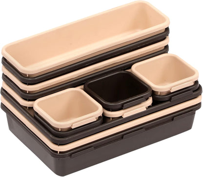Cutting Edge Plastic Interlocking Cutlery Drawer Desk Organizer Divider Tray (Black and Beige) - 14 Piece