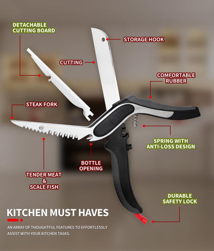 6 in 1 Kitchen Scissors for food,Tomato Knife Chops Cutting Board Scissors with Safety Lock，Detachable kitchen shears for food Meat Cheese Vegetable Fruit, Dishwasher Safe