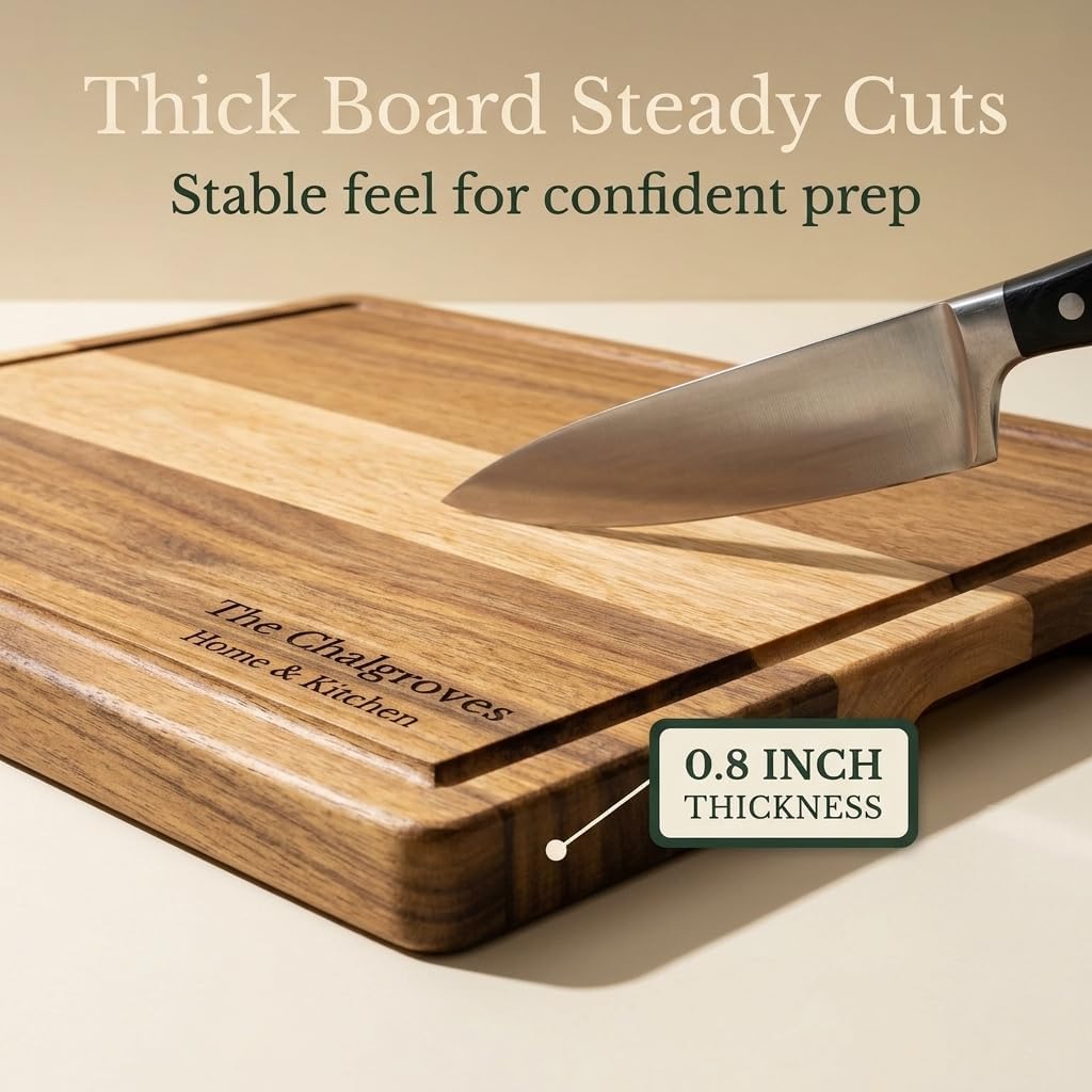 Indonesian Acacia Wood Cutting Board Set of 3 | Extra Thick 0.8″ Wooden Chopping Boards with Deep Juice Grooves | FSC Certified | Warp-Resistant & Knife-Friendly | Large, Medium & Small