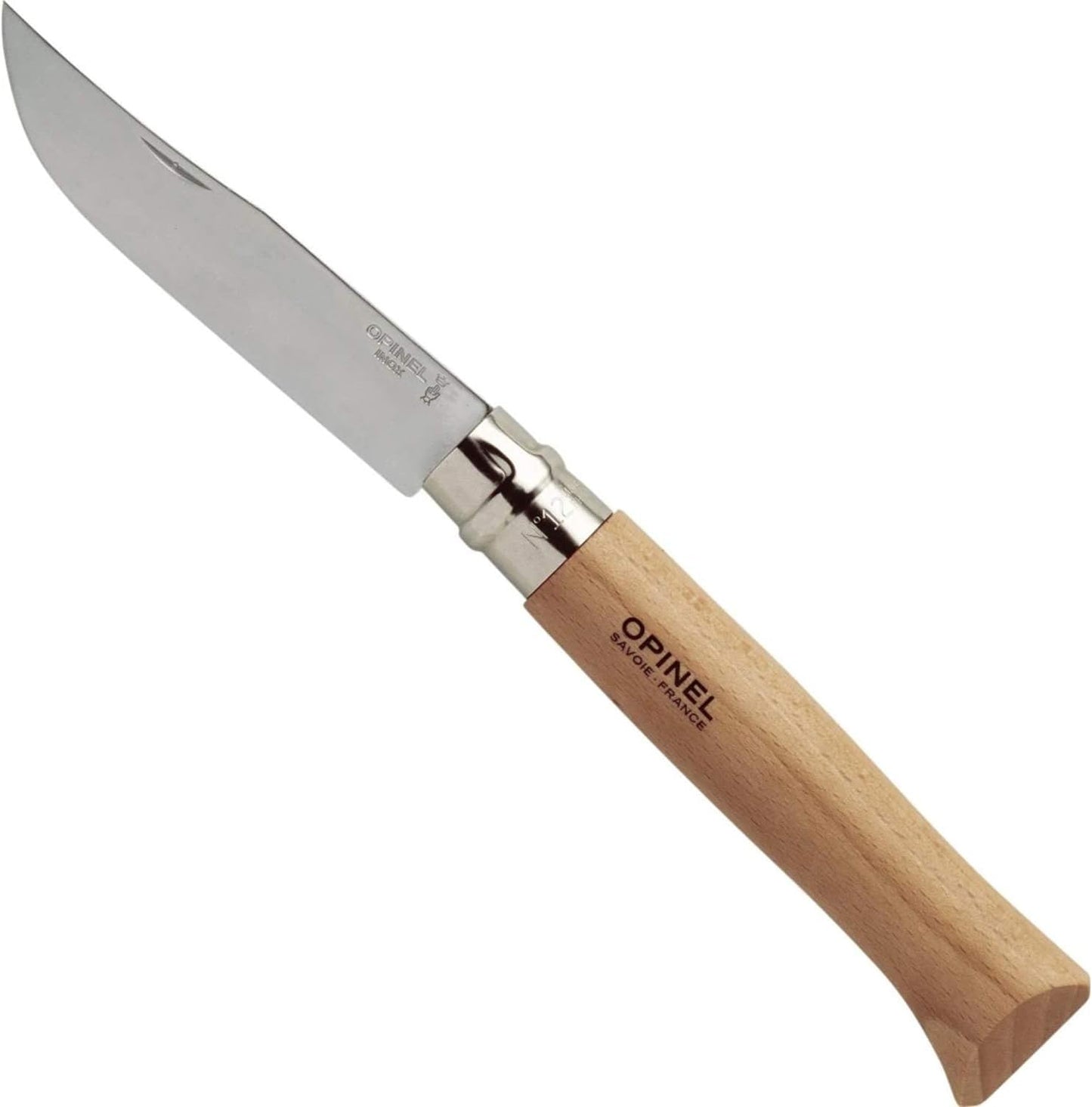 Opinel No. 08 INOX - Sandvik Stainless Steel Folding Pocket Knife, Beechwood Handle, 3.28 in Blade, Virobloc Safety Locking Collar, Made in France