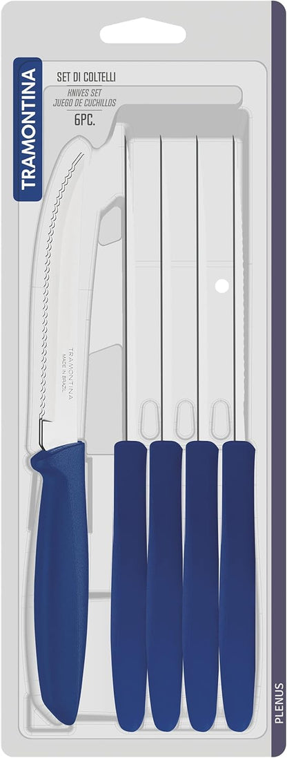 Tramontina Kitchen Knives Set of 6, Serrated Fruit Tomato Cooking Knife, Vegetable Chopper Peeler, Stainless Steel, Multipurpose, Pointed Tip, Brown, 23498454