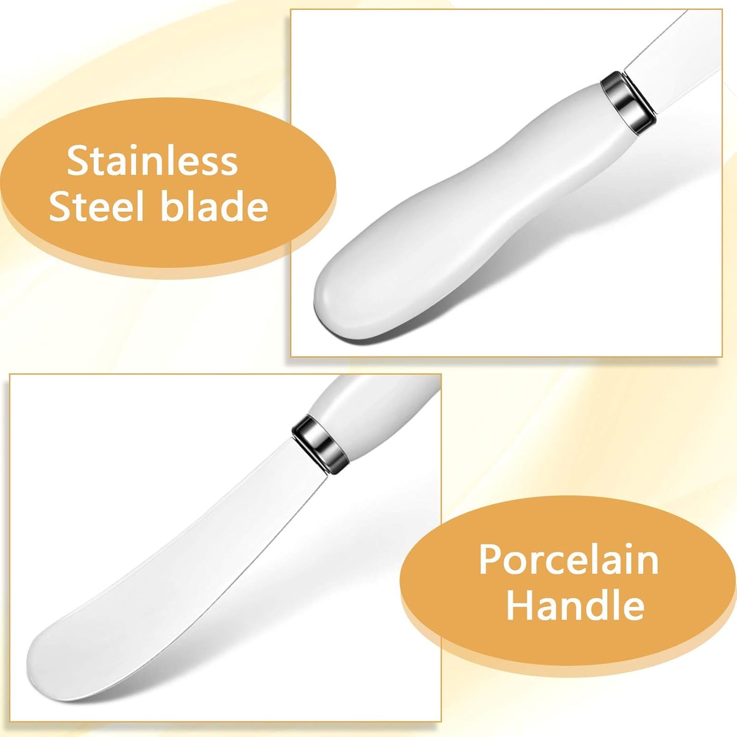 Patelai 8 Pcs Butter Spreader Knives, Stainless Steel Butter Knife with White Porcelain Handles Multipurpose Cheese Spreader for Kitchen Use for Soft Cheese, Jam, Charcuterie, Pastry, 5.74 Inch