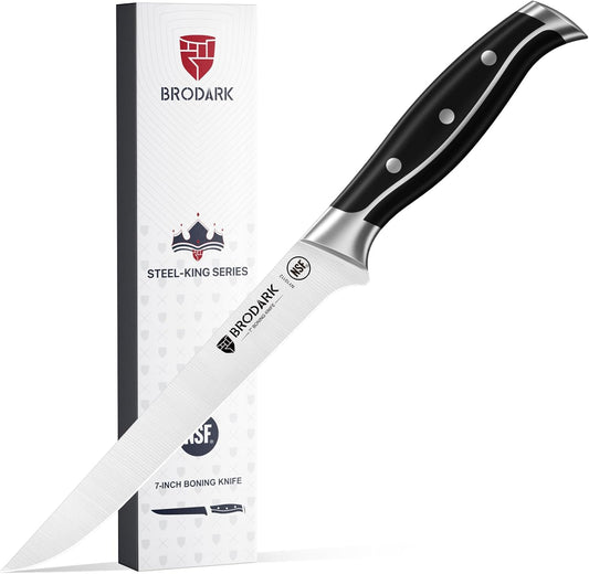 BRODARK 7" Boning Knife - Deboning for Meat Cutting With Full Tang Handle - High Carbon Stainless Steel Fillet - NSF Certified, Steel-King Series