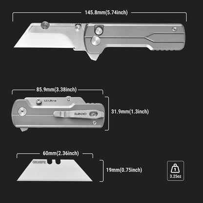 OKNIFE U1 Ultra Titanium Pocket Folding Utility Knife w/Ceramic Blade, Button Lock EDC Box Cutter with Clip for Men Women